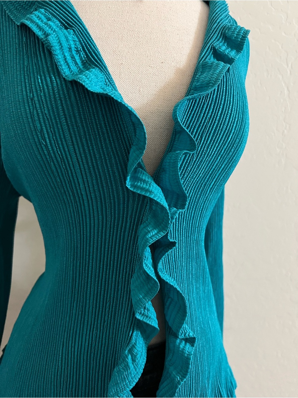 Chico's Teal Ruffled Ribbed Blouse - Picture 2 of 5